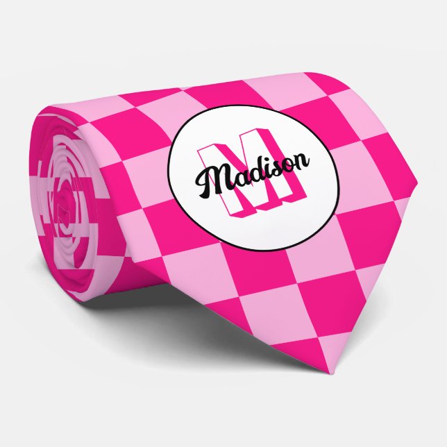 Chequered squares light hot pink retro Monogram Tie (Rolled)