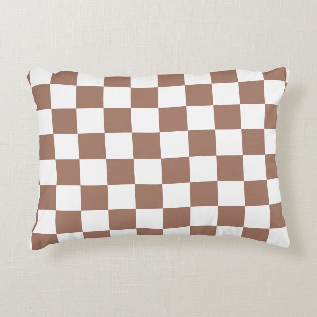 Chequered squares mocha brown white geometric retr accent pillow (Front)