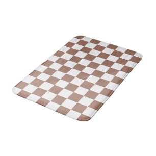 Chequered squares mocha brown white geometric retr bath mat
