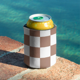 Chequered squares mocha brown white geometric retr can cooler