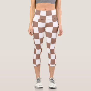 Chequered squares mocha brown white geometric retr capri leggings