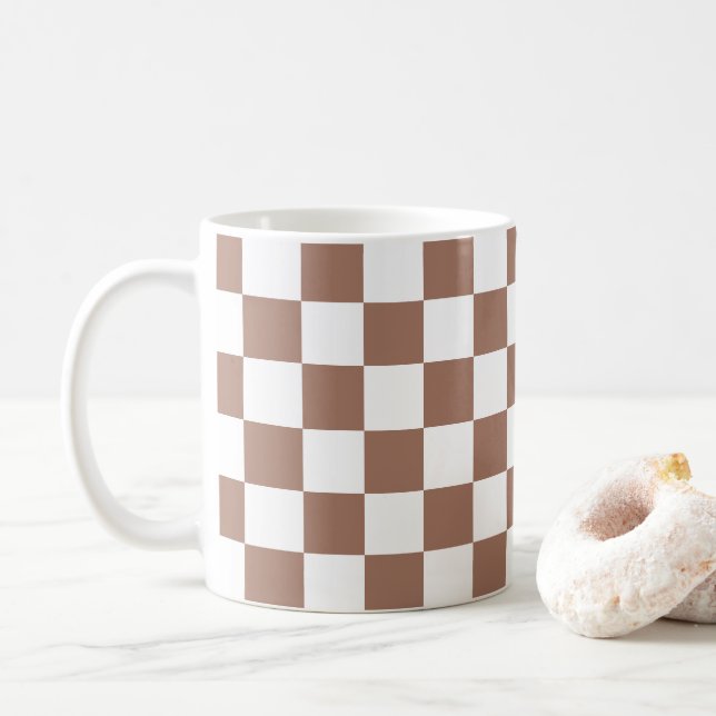 Chequered squares mocha brown white geometric retr coffee mug (With Donut)
