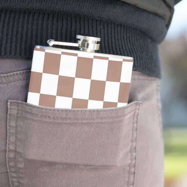 Chequered squares mocha brown white geometric retr hip flask (In Situ)