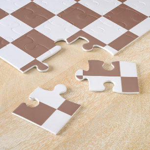 Chequered squares mocha brown white geometric retr jigsaw puzzle