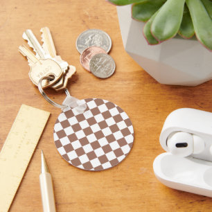 Chequered squares mocha brown white geometric retr keychain