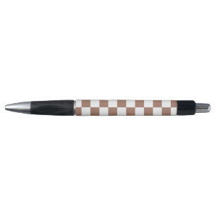 Chequered squares mocha brown white geometric retr pen