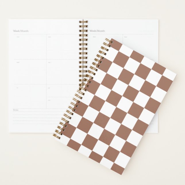 Chequered squares mocha brown white geometric retr planner (Display)