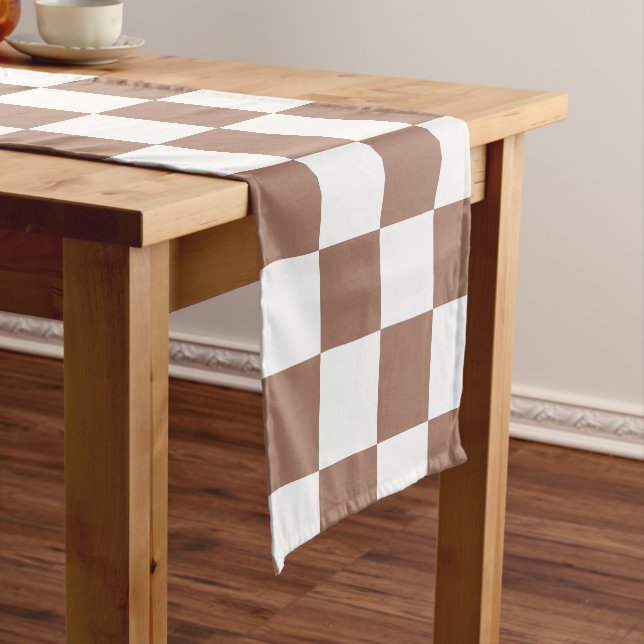 Chequered squares mocha brown white geometric retr short table runner (In Situ)