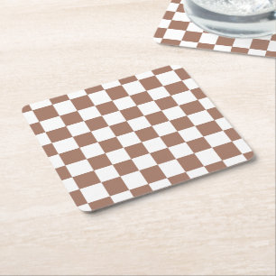 Chequered squares mocha brown white geometric retr square paper coaster