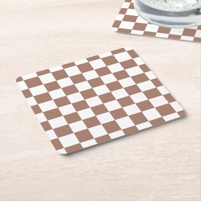 Chequered squares mocha brown white geometric retr square paper coaster (Angled)