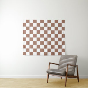 Chequered squares mocha brown white geometric retr tapestry