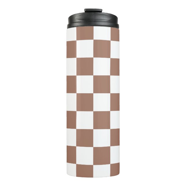 Chequered squares mocha brown white geometric retr thermal tumbler (Front)