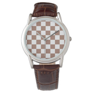 Chequered squares mocha brown white geometric retr watch