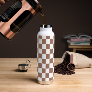 Chequered squares mocha brown white geometric retr water bottle