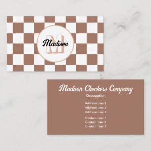 Chequered squares mocha brown white retro Monogram Business Card