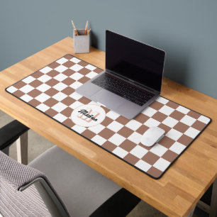 Chequered squares mocha brown white retro Monogram Desk Mat