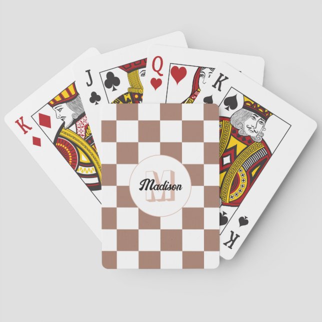 Chequered squares mocha brown white retro Monogram Playing Cards (Back)