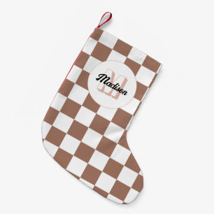 Chequered squares mocha brown white retro Monogram Small Christmas Stocking