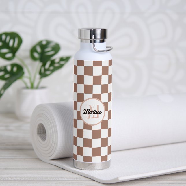 Chequered squares mocha brown white retro Monogram Water Bottle (Yoga)