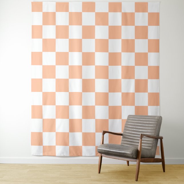 Chequered squares peach and white geometric retro tapestry (In Situ)