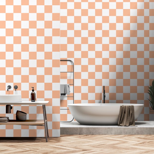 Chequered squares peach and white geometric retro wallpaper (Bathroom)