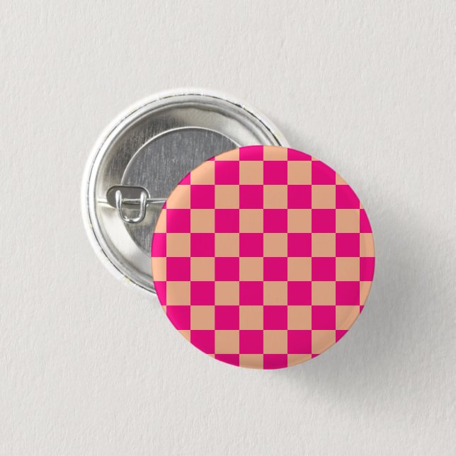 Chequered squares peach hot pink geometric retro 1 inch round button (Front & Back)