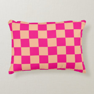 Chequered squares peach hot pink geometric retro accent pillow