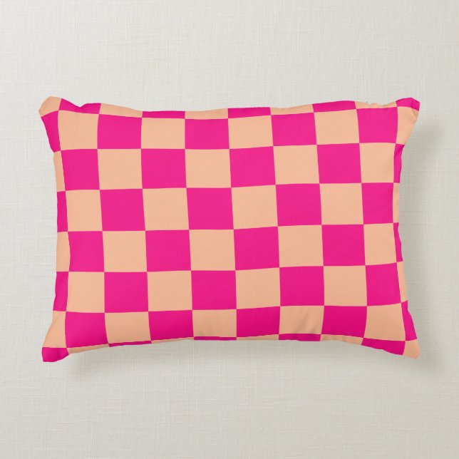 Chequered squares peach hot pink geometric retro accent pillow (Front)