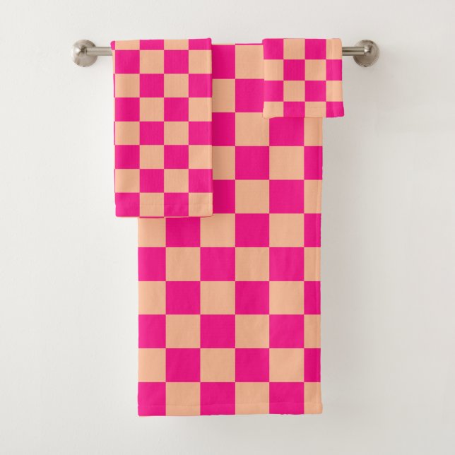 Chequered squares peach hot pink geometric retro bath towel set (Insitu)