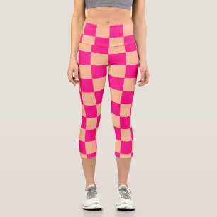Chequered squares peach hot pink geometric retro capri leggings