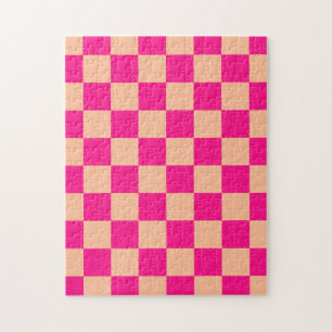 Chequered squares peach hot pink geometric retro jigsaw puzzle