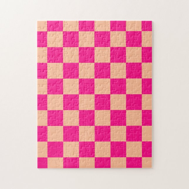 Chequered squares peach hot pink geometric retro jigsaw puzzle (Vertical)