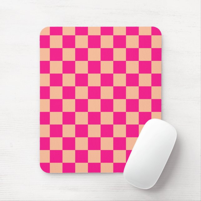 Chequered squares peach hot pink geometric retro mouse pad (With Mouse)