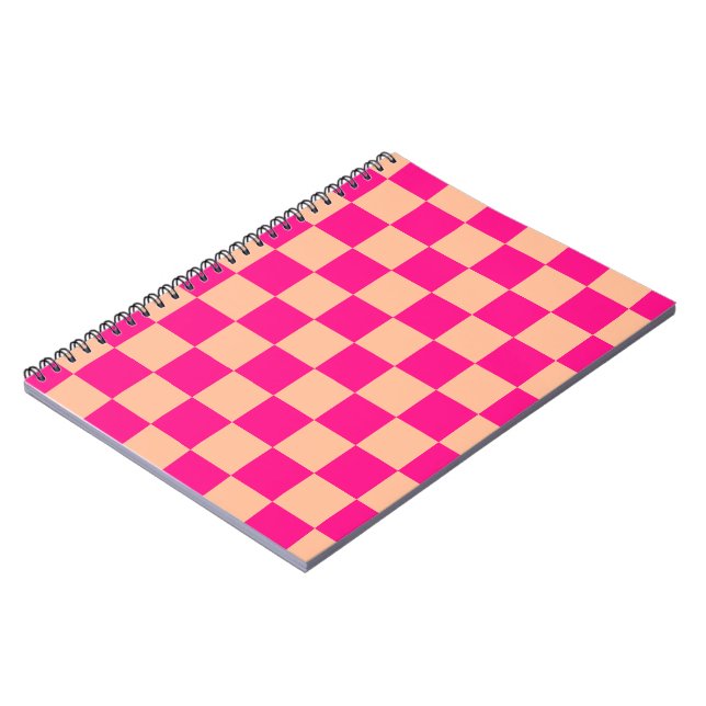 Chequered squares peach hot pink geometric retro notebook (Left Side)