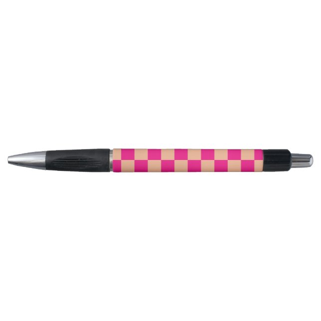 Chequered squares peach hot pink geometric retro pen (Front)