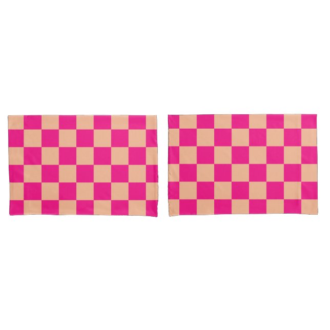 Chequered squares peach hot pink geometric retro pillowcase (Front-Set)
