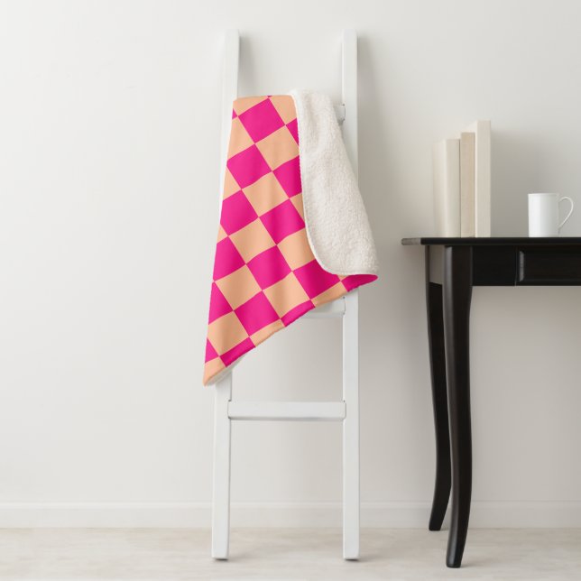 Chequered squares peach hot pink geometric retro sherpa blanket (In Situ)
