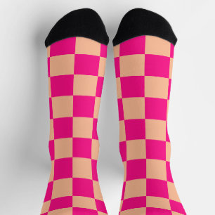 Chequered squares peach hot pink geometric retro socks