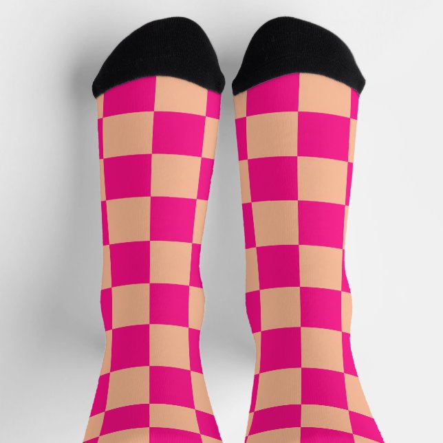 Chequered squares peach hot pink geometric retro socks (Top)