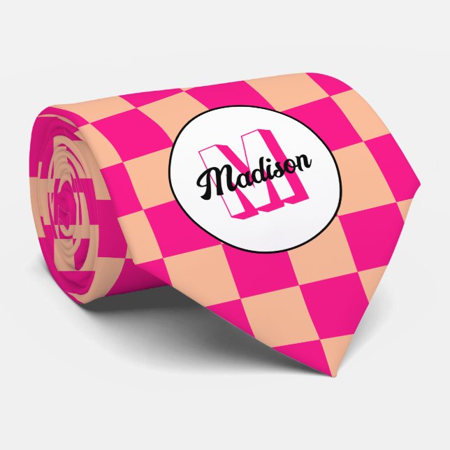Chequered squares peach hot pink retro Monogram Tie (Rolled)