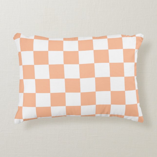 Chequered squares peach orange white geometric accent pillow (Front)