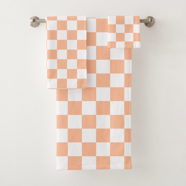 Chequered squares peach orange white geometric bath towel set (Insitu)