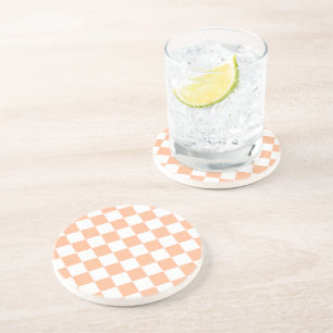 Chequered squares peach orange white geometric coaster