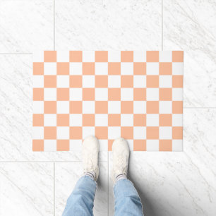 Chequered squares peach orange white geometric doormat