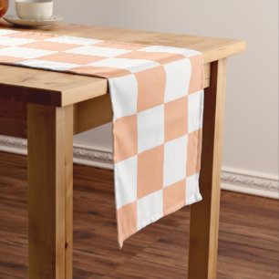 Chequered squares peach orange white geometric long table runner
