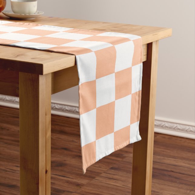 Chequered squares peach orange white geometric long table runner (In Situ)
