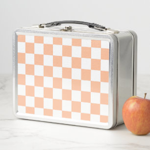 Chequered squares peach orange white geometric metal lunch box