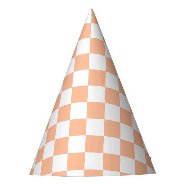 Chequered squares peach orange white geometric party hat (Front)