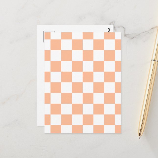 Chequered squares peach orange white geometric postcard (Front/Back In Situ)