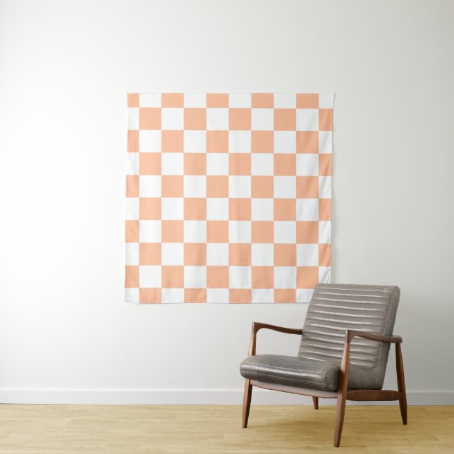 Chequered squares peach orange white geometric tapestry (In Situ (Horizontal))